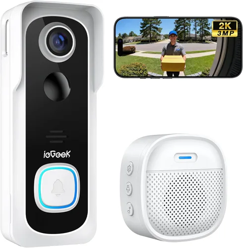 ieGeek Timbre inalámbrico sin suscripción, vista HD 2K 3MP, conversación de 2 vías, detección de movimiento PIR, timbre de video inalámbrico con