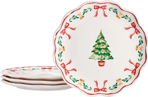 Miniatura 8 de Bico Juego de 4 platos de ensalada de gnomos de Navidad, platos de postre de cerámica de 8.75 pulgadas para ensalada, aperitivo, guarniciones