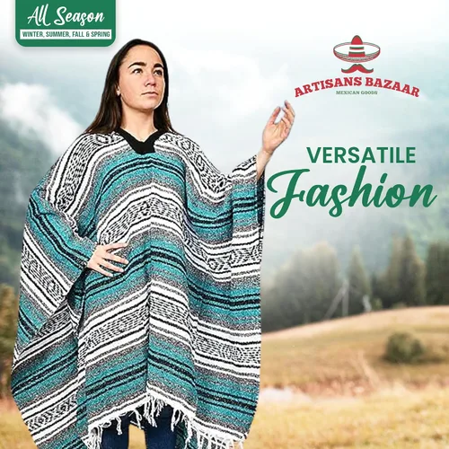 Miniatura 33 de Artisans Bazaar Poncho tradicional mexicano de Baja para hombres y mujeres, auténtico sarape de Gaban, manta de vaquero Pancho Jorongo