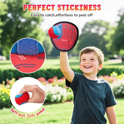 Miniatura 4 de JoyCat Juego de pelota de lanzar y atrapar, juego de 2 bolas adhesivas para adultos y 2 niños, juego familiar para atrapar al aire libre para playa