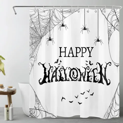 Miniatura 22 de LB Cortina de ducha espeluznante de Halloween, árbol muerto espeluznante con tela de araña de murciélago, cortina de ducha de baño con temática