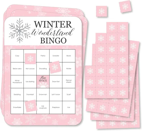 Big Dot of Happiness Pink Winter Wonderland - Tarjetas de bingo y marcadores - Fiesta de cumpleaños de copo de nieve y juego de bingo para baby