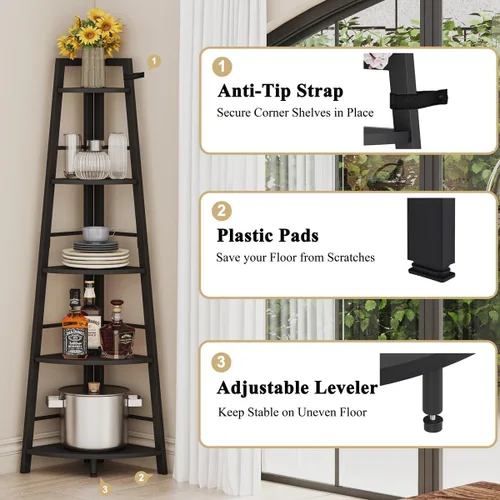 Miniatura 3 de BON AUGURE Estantería Esquinera de Escalera, Librero Esquinero de Madera y Metal Negro de 5 Niveles, Unidad de Estantería Estrecha y Alta