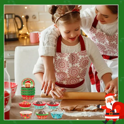 Miniatura 6 de AUGSUN 800 piezas de mini moldes para cupcakes de Navidad, envolturas para cupcakes con diseños de Santa, muñeco de nieve, bosque, moldes mini
