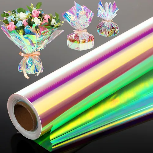 Seajan Rollo de celofán iridiscente de 31.5 pulgadas x 200 pies, papel de regalo de arcoíris, envoltura de celofán holográfico para canastas, ramo