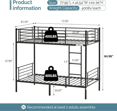 Miniatura 2 de Bonnlo Litera individual sobre individual para niños, adolescentes y adultos, cama resistente de 2 pisos con escalera plana y barandilla de 13