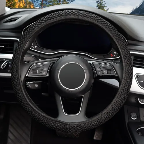 Miniatura 2 de KAFEEK Funda elástica para volante, cálida en invierno y fresca en verano, universal de 15 pulgadas, seda de hielo transpirable de microfibra, Negro