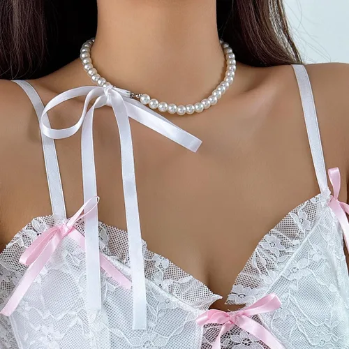 Miniatura 2 de Elegante gargantilla de perlas boho con detalle de lazo de cinta, un collar de cuentas de moda para mujeres y niñas