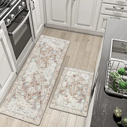 Miniatura 9 de Cekene Juego de 2 alfombras y tapetes acolchados para cocina, antifatiga, tapetes de cocina para piso, tapetes de cocina estilo bohemio de granja