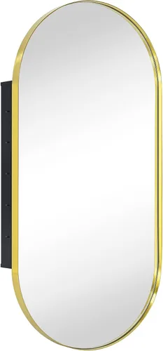 Miniatura 5 de Botiquín de baño empotrado ovalado de oro cepillado con espejo de acero inoxidable con marco de metal oblongo, en forma de píldora, gabinete de baño