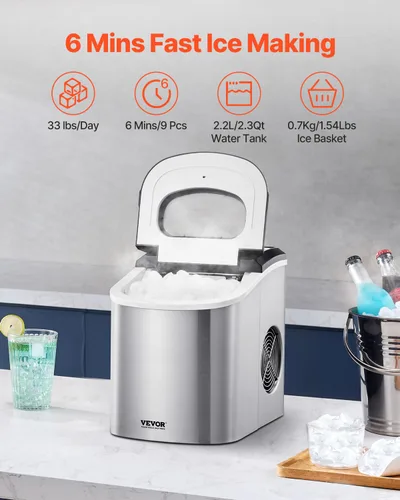Miniatura 2 de VEVOR Máquina de hielo para encimera, 9 cubos listos en 6 minutos, 33 libras en 24 horas, máquina de hielo portátil autolimpiante con cuchara
