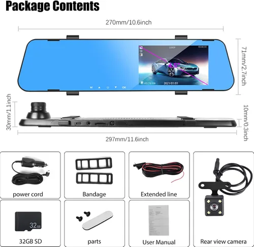 Miniatura 7 de Cámara de salpicadero de espejo para automóviles, espejo retrovisor de 4.5 pulgadas, 1080P cámaras duales de visión frontal y trasera, súper visión