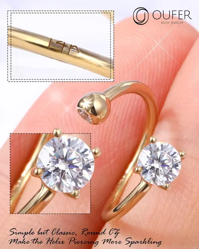 Miniatura 4 de OUFER Aretes de hélice torcida de 16G, anillo de labios de circonita cúbica transparente en forma de corazón de oro sólido de 14 quilates, joyería