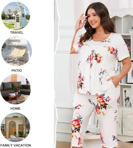 Miniatura 5 de POPYOUNG Conjunto de pijama de verano para mujer, 2 piezas, ropa de descanso, capri con bolsillos, ropa de dormir