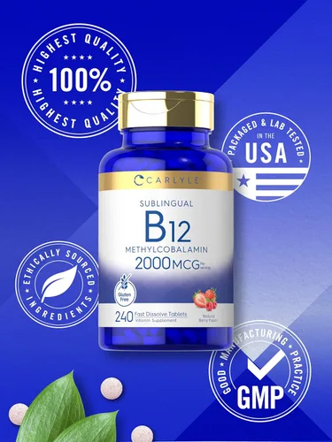 Miniatura 6 de Carlyle Vitamina B12 de 2000 mcg 240 tabletas de disolución rápida Metilcobalamina sublingual Sabor a bayas Suplemento vegetariano, sin OMG