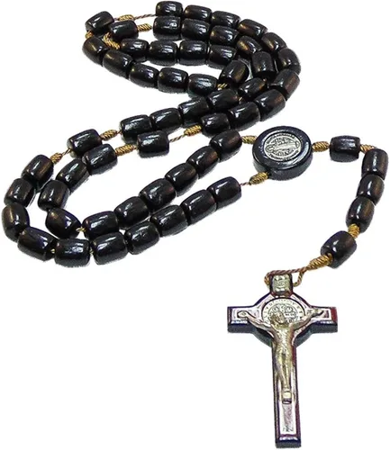 Miniatura 3 de Catholica Shop Collar de cruz de plata con cuentas de madera Rosario I Religious Wear Saint Benedict I Collar de cruz negra para hombres y mujeres I