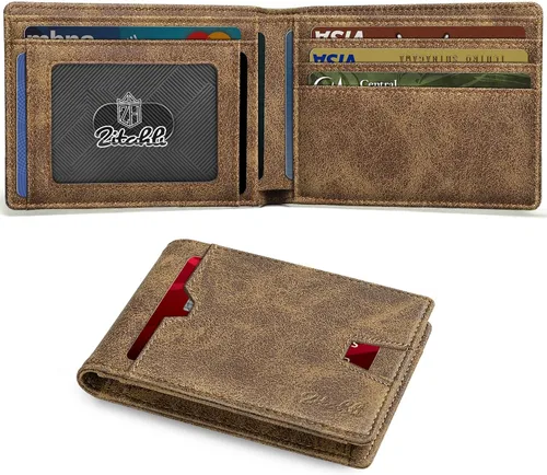 Miniatura 22 de Zitahli Billetera para hombre, de piel fina, con bloqueo RFID, minimalista, plegable, tarjetero con caja de regalo