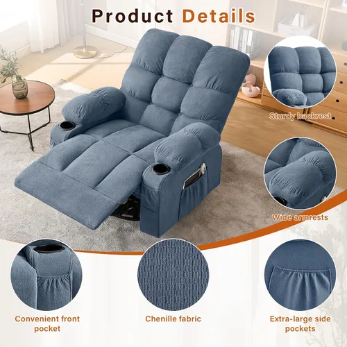 Miniatura 7 de Silla reclinable giratoria para adultos, reclinable de gran tamaño con masaje por vibración y calor lumbar, mecedora ergonómica con bolsillo