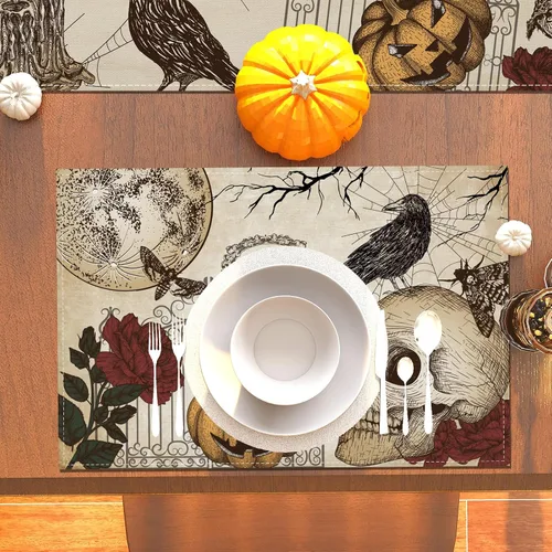 Miniatura 7 de Manteles individuales retro de Halloween, diseño de calavera gótica, Día de los Muertos, decoración y suministros de Halloween para la mesa