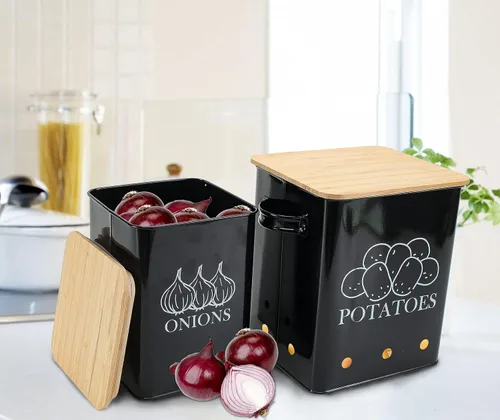Miniatura 5 de Juego de 2 latas de almacenamiento de verduras de cocina, cebolla y papas con tapa de madera y agujeros de aireación, organizador de contenedor