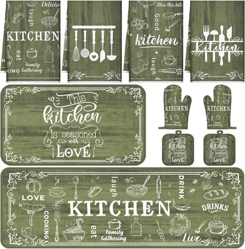 Miniatura 11 de Fourluoo Juego de 10 piezas de decoración de cocina con lazo rosa, 4 paños de cocina a cuadros rosados, 2 soportes para ollas, 2 guantes de horno, 2
