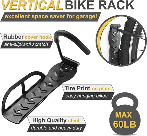 Miniatura 2 de Soporte de pared para garaje, 2 unidades, ganchos verticales para colgar bicicletas, para almacenamiento en interiores Negro-Paquete de 2