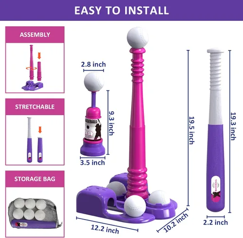 Miniatura 8 de QDRAGON Juego de 2 en 1 de T Ball para niños de 3-5 y 5-8 años, juego de Tee Ball con máquina lanzadora automática/bate de bateo ajustable y Rosa