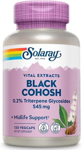 Solaray Raíz y extracto de cohosh negro de 545 mg | Suplemento de apoyo para la salud y la menopausia de las mujeres | Sin OMG | 120 cápsulas