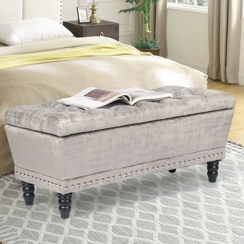Miniatura 2 de Joveco Banco otomano de almacenamiento, banco de entrada copetudo con botones con remache, reposapiés para sala de estar y dormitorio (beige oscuro)