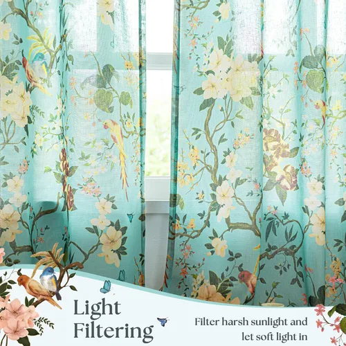 Miniatura 4 de Cortinas de lino florales azules y amarillas, estilo vintage, bohemio, de 63 pulgadas, 2 paneles con pestaña trasera para sala de estar
