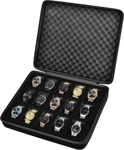15 ranuras reloj caja organizadorhombres reloj pantalla caja de almacenamiento se adapta a todos los relojes de pulsera y relojes inteligentes de