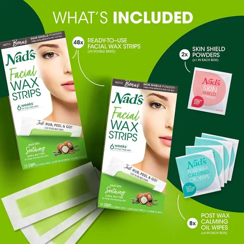 Miniatura 2 de Nad's Tiras de cera facial, depilación facial para mujeres, kit de depilación con 48 tiras de cera facial + 8 toallitas de aceite calmante + polvo