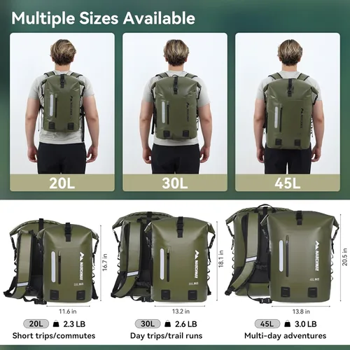 Miniatura 5 de MARCHWAY Mochila impermeable con parte superior enrollable, bolsa seca flotante de 20L/30L/45L con base rectangular ergonómica, espalda acolchada