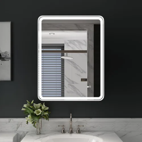 Miniatura 15 de WELLFOR Espejo LED enmarcado de 48 pulgadas de ancho x 36 pulgadas de largo, espejo rectangular de esquina redondeada de metal con luces para baño