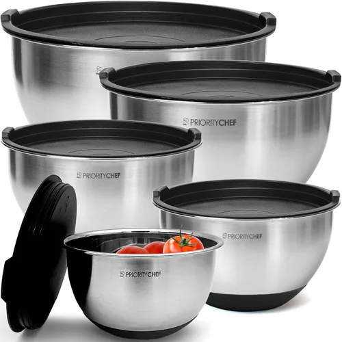 Priority Chef Juego de tazones de mezcla de alta calidad con tapas, tapas herméticas, acero inoxidable más grueso, base antideslizante, 5 tazones de
