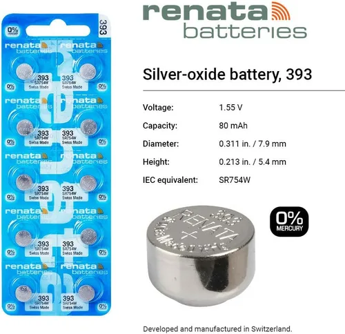 Miniatura 2 de Renata 393 SR754W Baterías – 1.55 V Óxido de Plata 393 Batería de reloj (2 unidades)