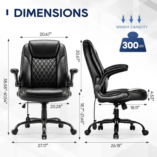 Miniatura 3 de MALOL Silla de oficina de cuero, silla de escritorio para computadora con soporte lumbar ajustable, cojín grueso, brazos abatibles y respaldo Negro