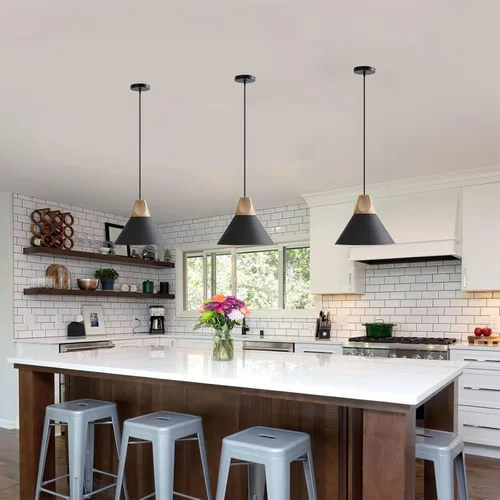 Miniatura 7 de Lámpara colgante, lámpara colgante de techo de madera maciza, moderna iluminación colgante negra mate para cocina, isla, comedor, cafetería, bar