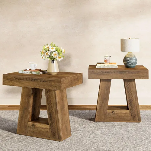 Miniatura 10 de Tribesigns Mesa auxiliar moderna de 24 pulgadas, mesa auxiliar de madera estrecha de 2 niveles con base trapezoidal, mesita de noche pequeña
