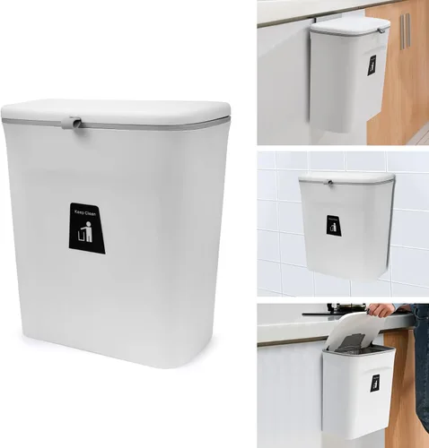 Miniatura 8 de Domiella Cubo de basura colgante de 2.4 galones con tapa, cubo de basura de cocina para encimera o debajo del fregadero, contenedor de basura Gris