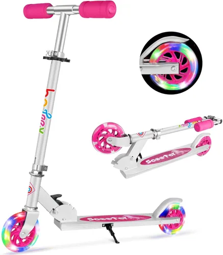 BELEEV V1 Patinetas para niños, patineta plegable de 2 ruedas para niños y niñas, 3 alturas ajustables, ruedas iluminadas, patineta ligera con Rosa