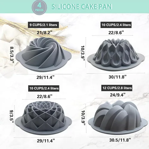Miniatura 3 de Tongjude 4 Piezas Moldes de Silicona Acanalados para Pasteles, Molde Tubular para Hornear de 9/10/12 Tazas, Moldes de Silicona para Pasteles