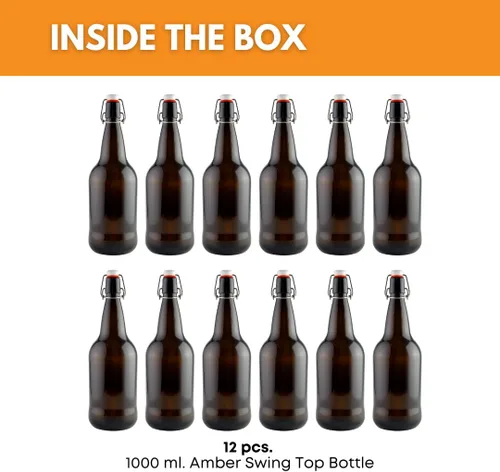 Miniatura 2 de FastRack Botellas de vidrio Swing Top de 33 onzas, paquete de 12, botellas de vidrio con tapa abatible ámbar con tapas herméticas, botellas