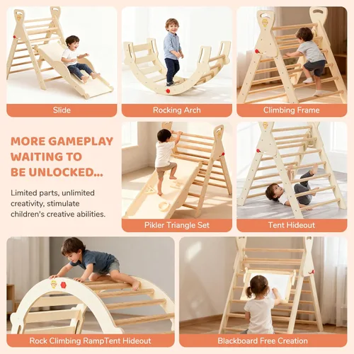 Miniatura 6 de Pikler - Juego de triángulos 8 en 1 plegable Montessori Juguetes de escalada de madera para niños pequeños de 1 a 5 años, gimnasio de selva