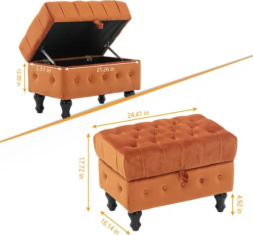 Miniatura 6 de Mesa de Centro Otomana de Almacenamiento Rectangular, Reposapiés Otomana de Dormitorio con Tapicería de Terciopelo Abotonado Capitoné para Sala