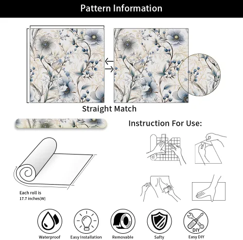 Miniatura 7 de Papel Pintado Floral Plateado Gris/Azul/Blanco Flores de Amapola de Despegar y Pegar Papel de Contacto Fácil de Despegar Papel Adhesivo para Pegar