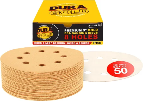 Miniatura 20 de Dura-Gold Discos de papel de lija premium de grano 220 de 5 pulgadas, patrón de 8 agujeros, sin polvo, 50 discos, soporte de gancho y bucle