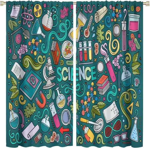 Miniatura 76 de Cortinas opacas para ventanas de ciencia para niños, lupa de libro de laboratorio de ciencia, lupa, frascos moleculares, cortinas impresas