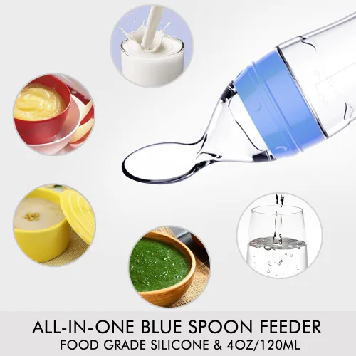 Miniatura 4 de Matyz Juego de 2 cucharas dispensadoras de alimentos de silicona para bebés (azul, 4 onzas/4.1 fl oz), alimentador de biberones exprimible de pie