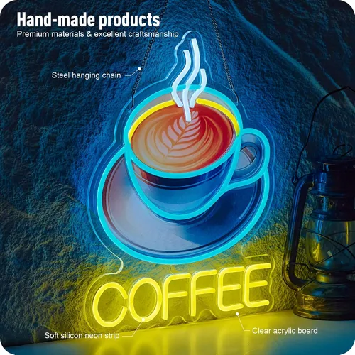Miniatura 2 de Letrero de neón de café para negocios, alimentado por USB, regulable, para estación de bar y cafetería (16.5 x 12.6 pulgadas)